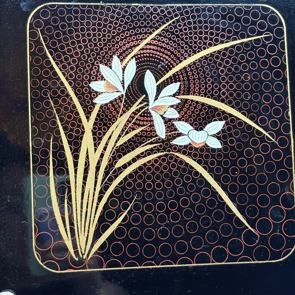 Vintage Japanese Lacquerware Tray Black Gold Iris Orchid Floral MCM Bar Vanity